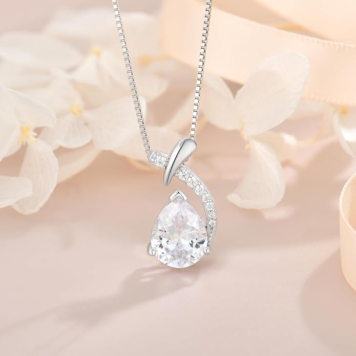 Teardrop Birthstone Necklace for Women,925 Sterling Silver Pear Cut Zircon Gemstone Pendant Necklace for Birthday Engagement Anniversary Wedding Jewelry