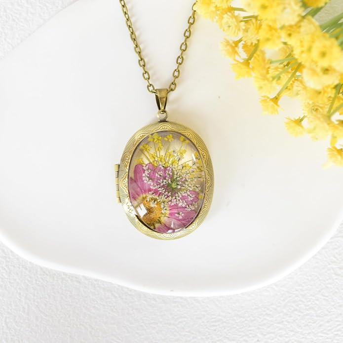 Vintage Photo Locket Necklace Handmade Pressed Flower Locket Necklace for Women