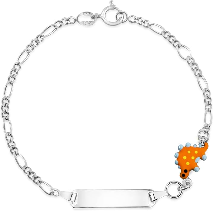 UNICORNJ 925 Italy Sterling Silver Child or Baby Name Bracelet Girls Boys, Personalized Engraved Kids ID Bracelets, 6.5" Figaro Chain, Enamel Charm Newborn Infant Toddler Kid Jewelry