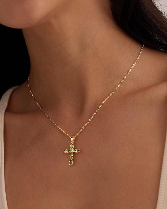 14K Gold Plated 925 Sterling Silver Birthstone Cross Necklace for Women Men