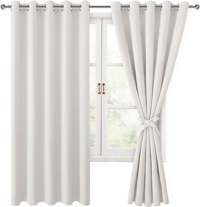 Hiasan Blackout Curtains for Bedroom, 60 x 63 Inches Length - Thermal Insulated & Light Blocking Window Curtains for Living Room/Kids Room, 2 Drape Panels Sewn with Tiebacks, Ivory