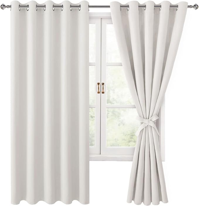 Hiasan Room Darkening Curtains for Bedroom, 60 x 72 Inches - Thermal Insulated & Light Blocking Window Drapes for Living Room/Dorm Room, Set of 2 Panels Sewn with Tiebacks, Ivory