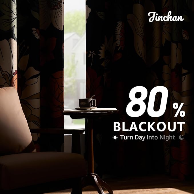 jinchan Black Boho Floral Blackout Curtains 63 Inch Grommet 2 Panels | Room darkening, Vintage, living room, bedroom, privacy, floral print, flower pattern, fall decor, window treatments