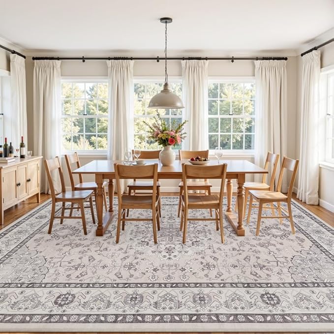 10x14 Area Rug for Living Room: Vintage Boho Neutral Washable Rug Indoor Soft Large Area Rug Carpet for Bedroom Nursery Farmhouse Dining Room Office Floor Non-Slip Low Pile Under Table Beige & Grey