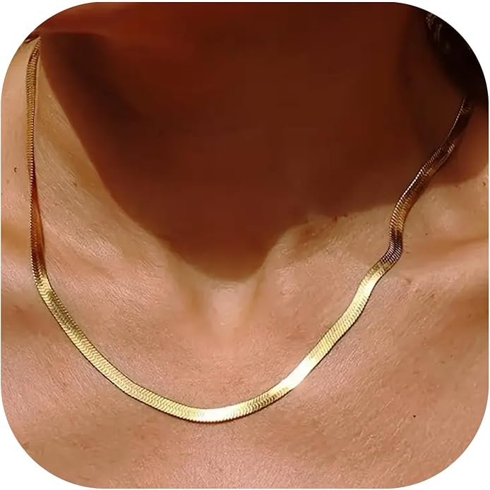 Gold Herringbone Necklace For Women - Rope Chork,Flat Snake Chain Necklaces in 18K Gold & White Gold Plated Tone - Simple Daily Jewelry-Tarnish Free-16-18in