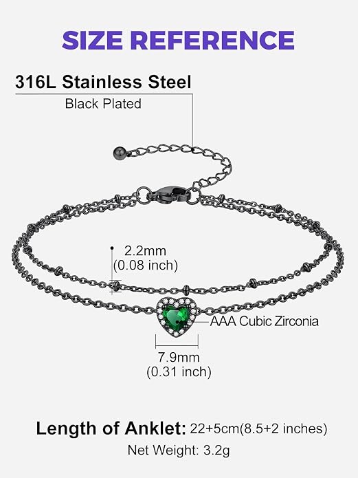 Richsteel Double Layer Heart/Butterfly Birthstone Anklet for Women Non Tarnish Waterproof, Silver/Gold/Black Stainless Steel 8.5-10.5 Inch Adjustable Chain Anklets Jewelry Gifts for Her