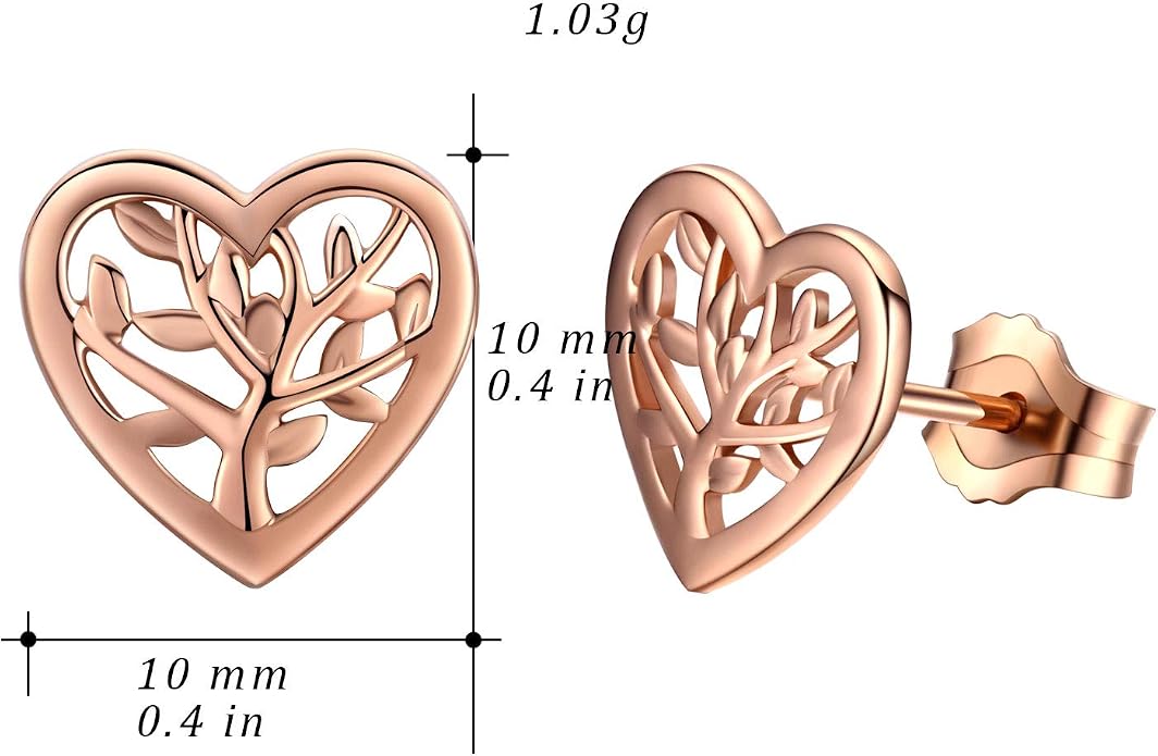 Tree of Life Earrings, 925 Sterling Silver Heart Shaped Studs for Women, Hypoallergenic Earrings for Sensitive Ears Gifts for Women with Gift Box…