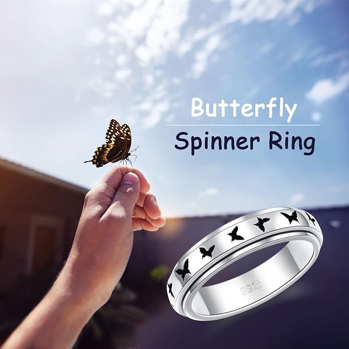 Alphm S925 Sterling Silver Spinner Fidget Anxiety Worry Relieving Boredom ADHD Autism Band Rings