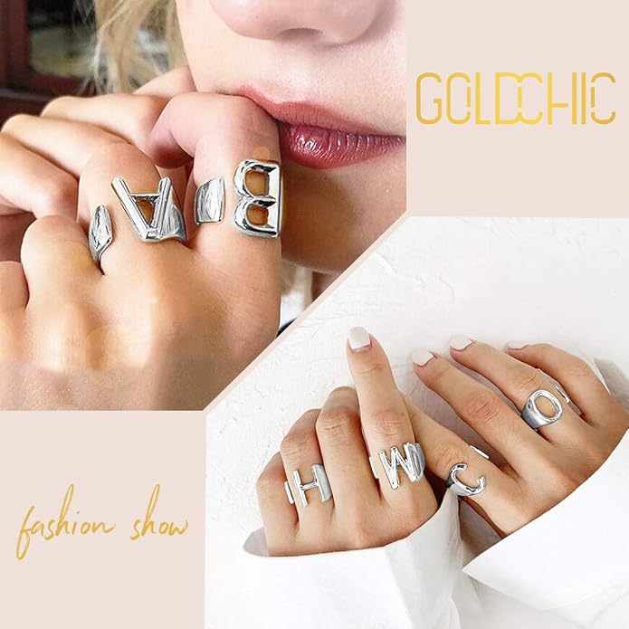 KeyStyle Bold Initial Letter Rings Adjustable, GoldChic Jewelry Women Gold Statement Ring Personalized Engraved Women’s Open Signet Ring for Party (Gold, White Gold, Black)