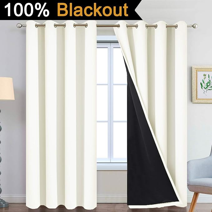 Yakamok Cream 100% Blackout Curtains 84 Inches Long for Bedroom 52" Wide | Blackout Curtain Panels for Bedroom, 2 Thick Layers Grommet Top Thermal Insulated Drapes with Black Liner for Living Room