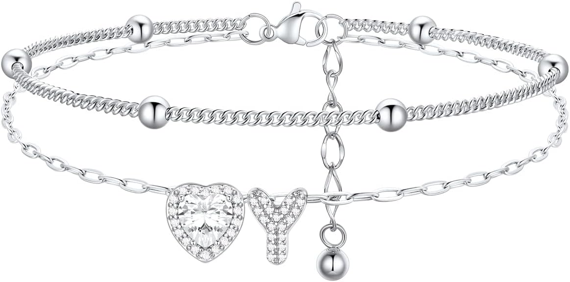 FindChic Silver/14K Gold Plated Layered CZ Initial Ankle Bracelet for Women | Waterproof Stainless Steel, Cubic Zirconia Letter Charm, Non-Tarnish, Hypoallergenic, Adjustable Extender, Summer Jewelry