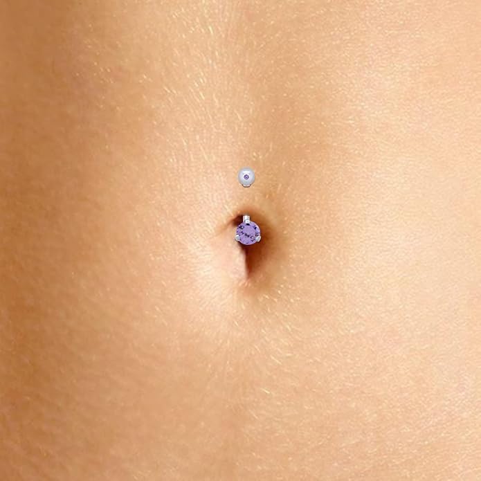 AFFY Internally Threaded Belly Button Navel Ring for Women, Three-Prong Round Simulated Birthstone in 14K Gold Over 925 Sterling Silver, Body Piercing Jewelry Gift