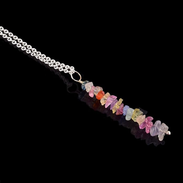 Natural Raw Multi Sapphire Stone Rough Crystal Gemstone Dainty Women Pendant Necklace, Chakra Healing Crystals, Birthstone, Gift, 925 Sterling Silver Chain 18 inch (multi-sapphire)
