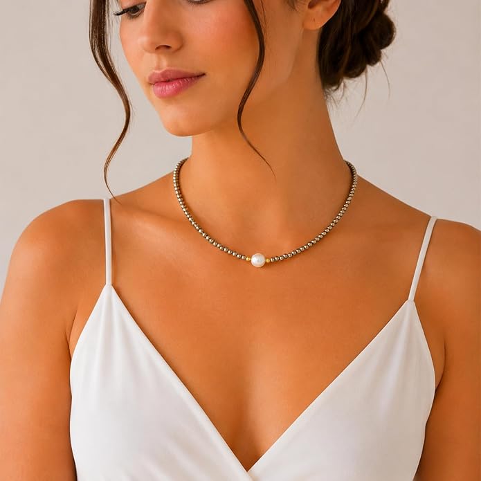 InfinityGemsArt Gemstone Gold Necklace For Women, Birthstone Natural Crystal Stone With Freshwater Pearl Beaded Jewelry, Gold Plated 18 Inch Chain