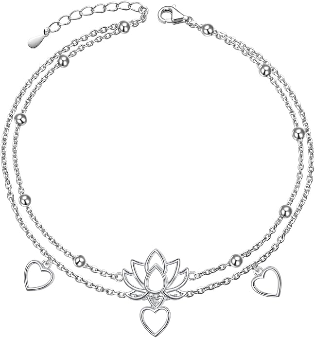 Flyow Anklet for Women S925 Sterling Silver Adjustable Foot Beaded Heart Charm Ankle Bracelet Anklets Jewelry