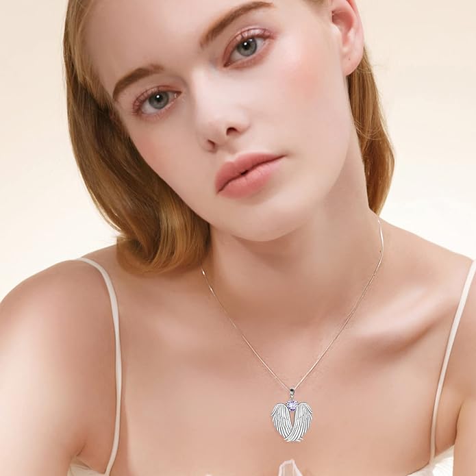 YFN Angel Wings Necklace 925 Sterling Silver Guardian Angel Wings Pendant Necklace Birthstone Necklace for Women Girls Christmas Jewelry Gifts
