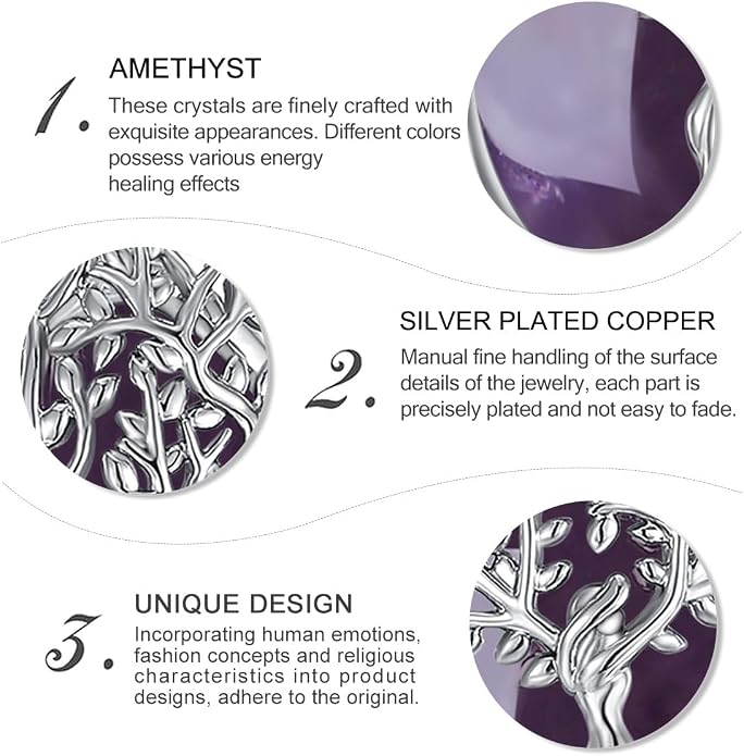Vito Tree of Life Necklace for Women Men, Silver Plated Copper Teardrop Moonstone/Obsidian/Turquoise/Amethyst/Malachite Crystal Tree Necklace Protection Energy Amulet Jewelry Gift for Mom Wife, 20+2"