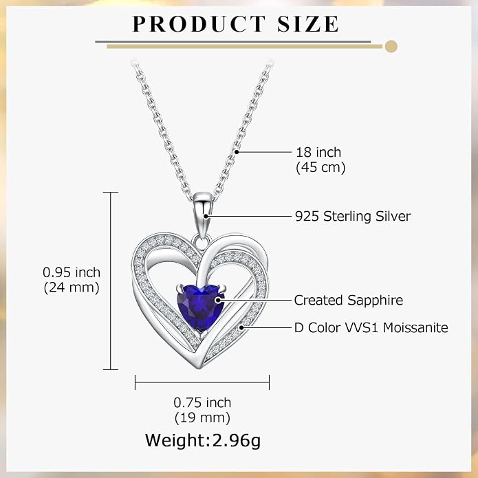 Anniversary Charm Necklace, Sterling Silver 14K Gold Plated Chain with Interlocking Heart Pendant Elegant Birthstone Necklaces for Women, Length 18"