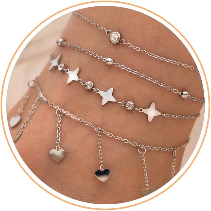 LOFITOR Ankle Bracelets for Women Glitter Waterproof Adjustable Anklet Set for Women 18K Gold Plated Silver Charm Dainty Layered Anklets, Summer Beach Anklet Jewelry for Women