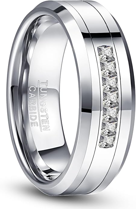 NUNCAD 8 MM Men's Tungsten Carbide Rings Wedding Band with 7 Large Channel Set Cubic Zirconia Size 7 to 12