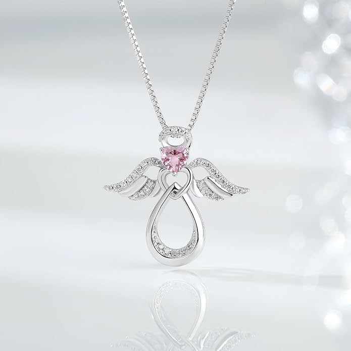 925 Sterling Silver Guardian Angel Pendant Necklace for Women with Birthstone Cubic Zirconia Little Angel Pendant Necklace Jewelry 18 inch Chain