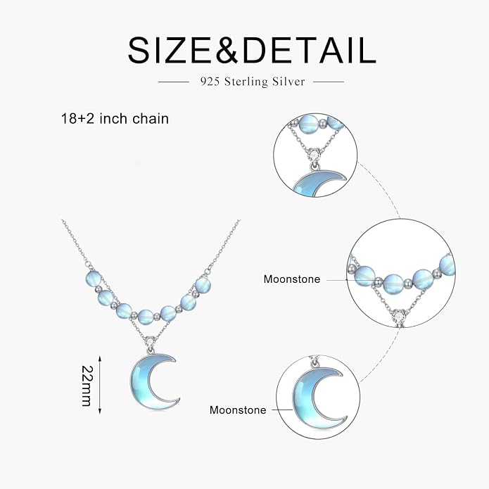 Dainty Moonstone Moon Simple 925 Sterling Silver Pendant Necklace for Women, Jewelry for Women Mother, Birthday Gift, with 18+2inch