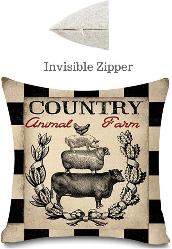 Rustic Farmhouse Pillow Covers Farm Animal Throw Pillow Case Buffalo Plaid Sheep Chicken Pig Cow Country Cushion Cover for Couch Sofa Cotton Linen 18x18 Set of 4
