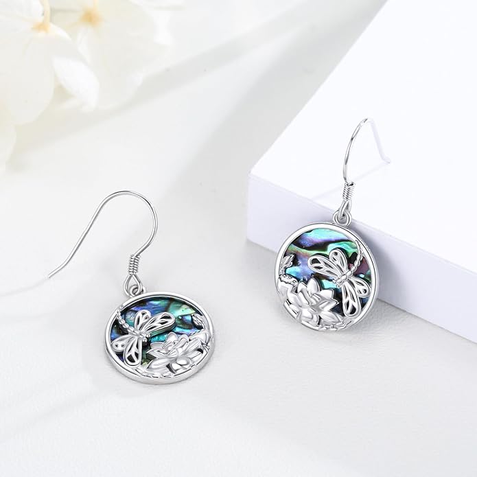 CUOKA MIRACLE Dragonfly Lotus Earring for Women 925 Sterling Silver Abalone Shell Dangling Earrings Dragonfly Earring Lotus Earrings for Women Mom on Birthday Mother's Day Anniversary Christmas