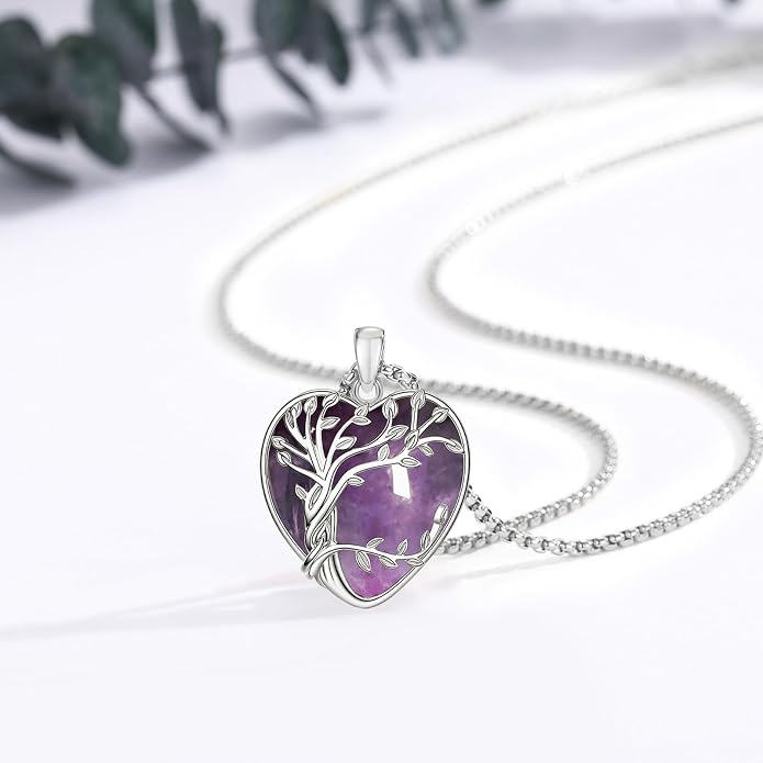 Eusense Tree of Life Necklace for Women White Gold Plated Copper Moonstone/Turquoise/Black Onyx/Crystal Birthstone Pendant Jewelry Gifts for Women Men