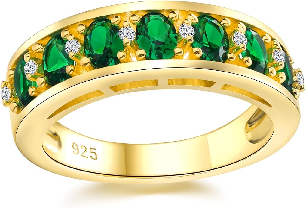 DAYBYDAY Oval Band Rings for Women, 925 Sterling Silver/14k Gold Plated Half Eternity Ring, Aquamarine/Ruby/Emerald/Sapphire Birthstone Rings, Thick Band Gemstone Anniversary Ring Size 6 to 10