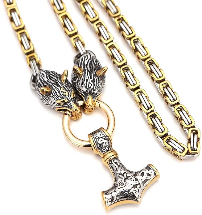Viking Wolf Head Thor’s Hammer Pendant Necklace – Stainless Steel Norse Amulet Jewelry for Men, Nickel-Free, Gift Box Included