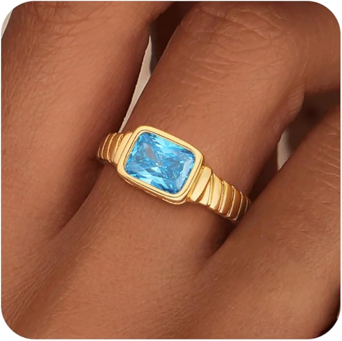 ZHESHY Birthstone Gold Rings for Women Non Tarnish Vintage Gemstone Emerald Rings 14K Gold Plated CZ Signet Thumb Band Rings Jewelry Gift for Birthday Size 6-10
