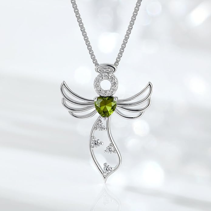 925 Sterling Silver Guardian Angel Pendant Necklace for Women - Birthstone Cubic Zirconia, 18" Chain, Gift for Her