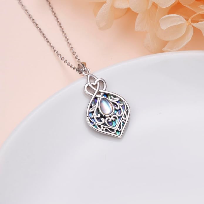 DAOCHONG 925 Sterling Silver Filigree Moonstone Sunflower Necklace Celtic Teardrop Abalone Shell Jewelry for Women Birthday Christmas Anniversary