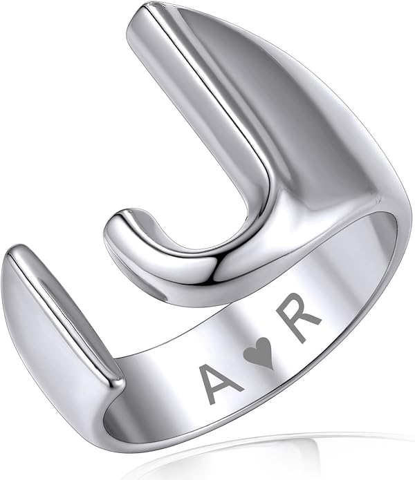 KeyStyle Bold Initial Letter Rings Adjustable, GoldChic Jewelry Women Gold Statement Ring Personalized Engraved Women’s Open Signet Ring for Party (Gold, White Gold, Black)