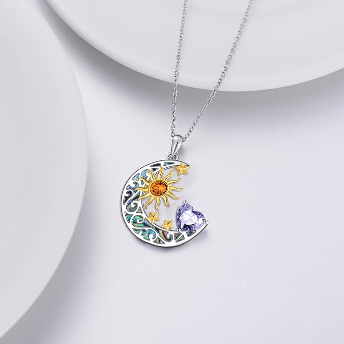 AOBOCO 925 Sterling Silver Sun and Moon Star Pendant Necklace with Simulated Birthstone, Birthday Christmas Jewelry Gift for Women Teen Girls