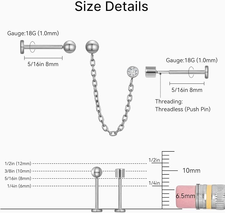 1 Pair ASTM F136 Titanium Double Piercing Dangle Earrings, Cubic Zirconia Dainty Chain Earrings for Helix Conch Earlobe