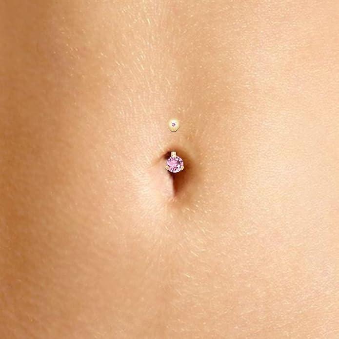 AFFY Internally Threaded Belly Button Navel Ring for Women, Three-Prong Round Simulated Birthstone in 14K Gold Over 925 Sterling Silver, Body Piercing Jewelry Gift