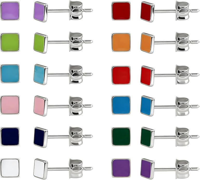 JMLOON 12 Pairs Enamel Flat Back Stud Earrings Surgical Stainless Steel Round Heart Star Square Hexagon Screw Back Stud Earrings