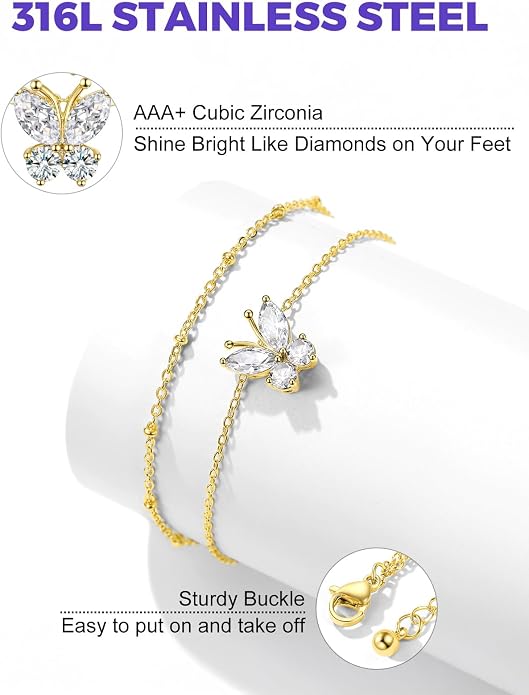 Richsteel Double Layer Heart/Butterfly Birthstone Anklet for Women Non Tarnish Waterproof, Silver/Gold/Black Stainless Steel 8.5-10.5 Inch Adjustable Chain Anklets Jewelry Gifts for Her