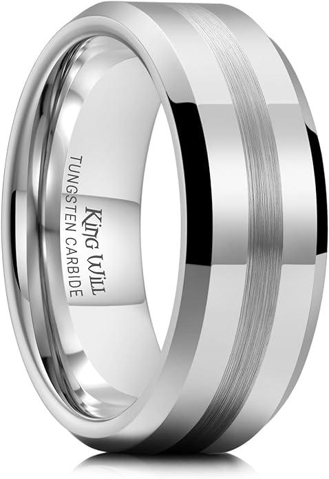 King Will Classic Tungsten Carbide Ring Brushed Two Grooved Center Hammered Design Mens Wedding Band for Men