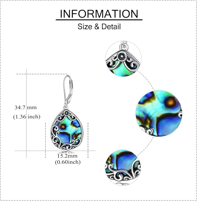 Filigree Earrings Sterling Silver Celtic Teardrop Drop Dangle Earrings Abalone Shell Bohemian Jewelry for Women