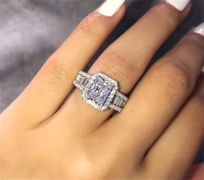 925 Sterling Silver Shiny Full Diamond Ring Square Cut 3Ct Cubic Zirconia Cocktail Rings CZ Multi Row Diamond Ring Eternity Engagement Wedding Band Ring for Women Z.47 (US Code 7)