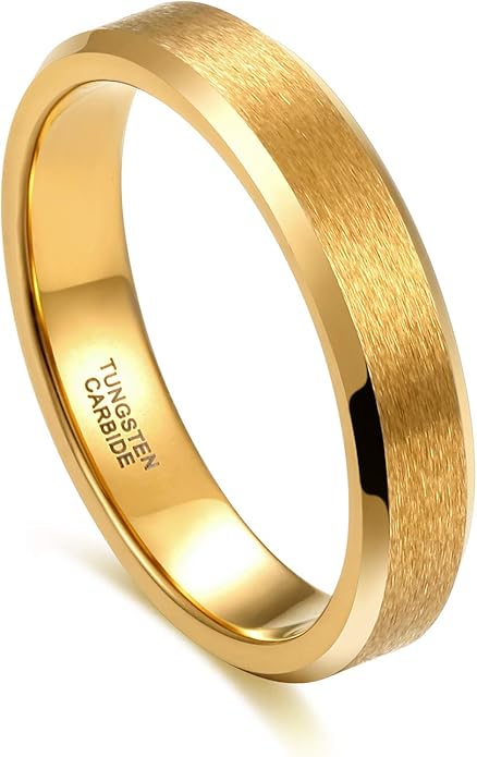 Greenpod 4mm 6mm Tungsten Carbide Ring for Men Women Beveled Edge Brushed Silver/Black/24K Gold Plated Wedding Band Comfort Fit Size 4-13
