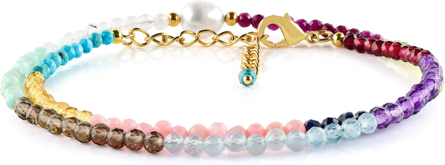 InfinityGemsArt Gemstone Gold Necklace For Women, Birthstone Natural Crystal Stone With Freshwater Pearl Beaded Jewelry, Gold Plated 18 Inch Chain