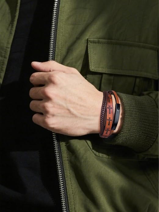 Mens Leather Cross Bracelet Multilayer Braided Wristband Bangle Bracelets with Stainless Steel Buckle Religious Gift for Men Brown/Black/Blue–8.3 inch