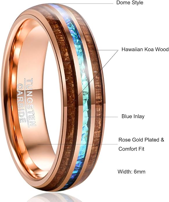 Vakki 6mm/8mm Tungsten Rings for Men Hawaiian Koa Wood Inlay Dome Abalone Shell/Blue Center Wedding Bands Comfort Fit Size 4 to 17