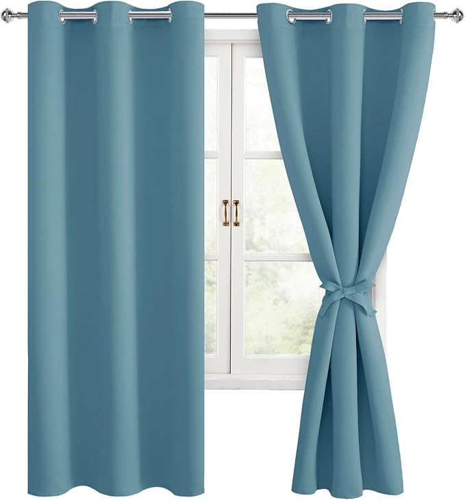 Hiasan Blackout Curtains for Bedroom, 42 x 63 Inches Length - Thermal Insulated & Noise reducing Window Curtains for Living Room, 2 Drape Panels Sewn with Tiebacks, Stone Blue