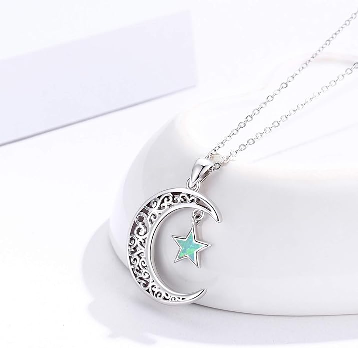 TRISHULA Moon Star Necklace, 925 Sterling Silver Crescent Moon Sun Pendant with Moonstone Crescent Jewelry Gift for Her Sister Birthday Christmas