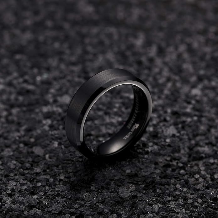 King Will Tungsten Men's Wedding Ring - Available in 6mm to 10mm, Black/Silver, Matte Finish, Beveled Polished Edge, Comfort Fit